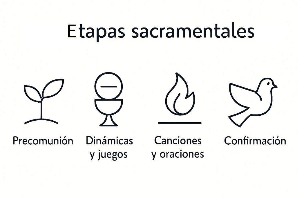 Precomunión, Comunión, Preconfirmación y Confirmación.